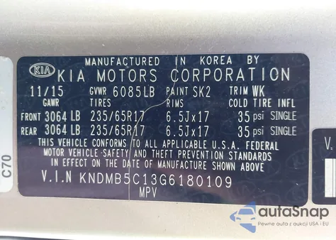 2016 Kia Sedona Lx z USA, uszkodzony, nr VIN KNDMB5C13G6180109